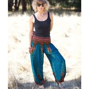 Thai Harem Pants Teal Green Peacock Print One Size Smocked Waist Hippie Festival